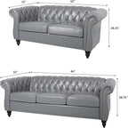 Faux Leather Sofa and Loveseat set, Mid Century Modern Upholstered Couch with Cushions, 2-Piece Home Sofa Living Room Furniture Sets, Comfy Tufted Chesterfield Couches for Bedroom, Office (Grey)