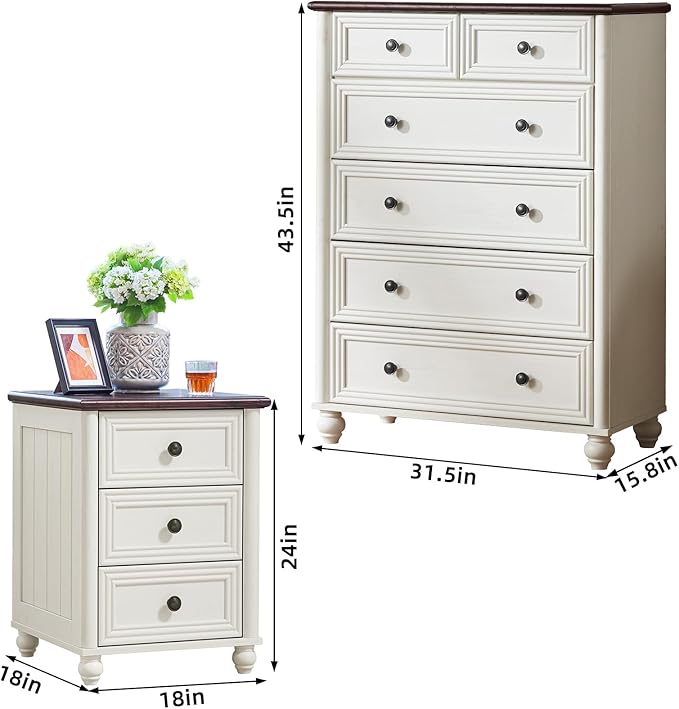 Farmhouse Dressers and Night Stand Set of 3, Wood 43.5'' Tall Dresser and 18'' Wide Chest of Drawers, Roman Column Nightstand Set of 2, Bedroom Furniture Dresser Suites for Living Room, Hallway, Home