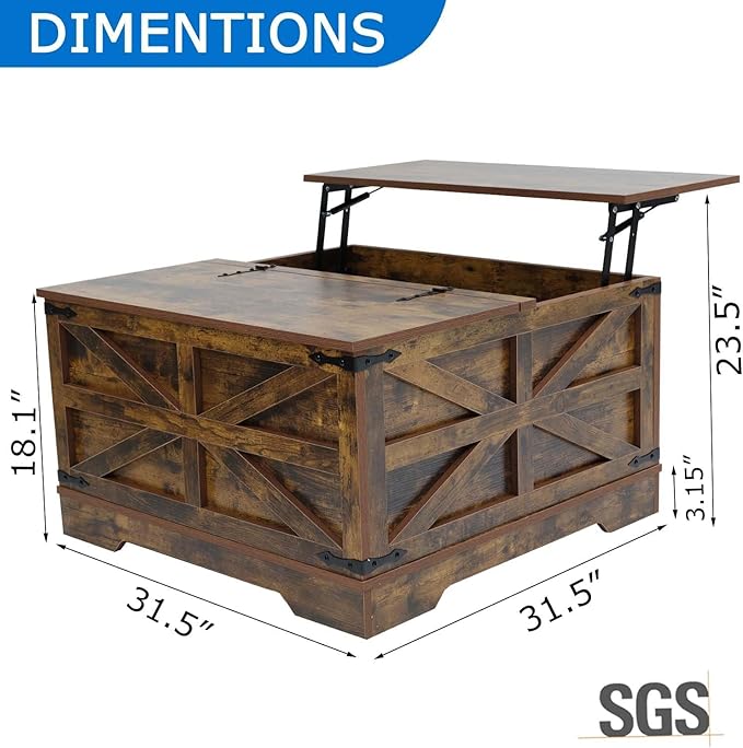 Farmhouse Coffee Table Set of 3, 1 Lift Top Coffee Table with Sliding Barn Doors and 2 End Tables with Charging Station, Living Room Table Set for Home Office, Brown
