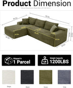 95 Inch Cloud Sectional Couch,Modular Sectional Sofa with Deep Seat,Modern Corduroy Boneless Couches with L-Shape Chaise for Living Room Bedroom,No Assembly Required (Green, Left Facing Chaise)