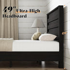 AMERLIFE Farmhouse Queen Size Bed Frame with 49" Tall Headboard, Platform Bed with Natural Wood Grain, No Box Spring Needed/Noise Free, Black