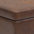 SIMPLIHOME Shay 34 inch Wide Mid Century Modern Small Rectangle Coffee Table Storage Ottoman in Distressed Chestnut Brown Vegan Faux Leather, Assembled, For the Living Room