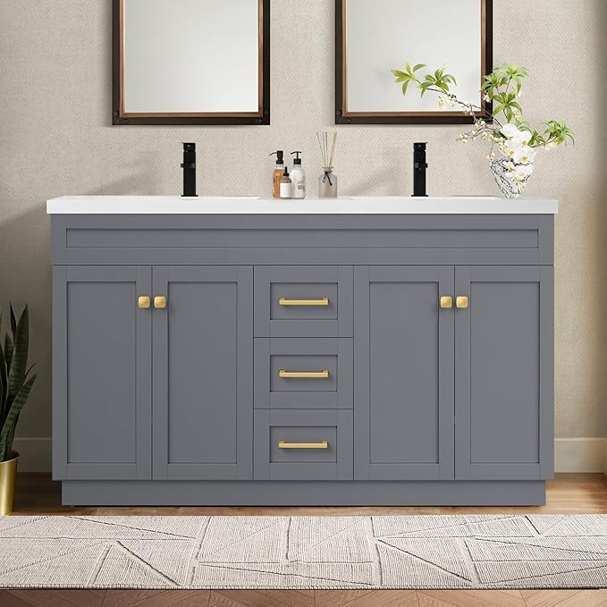 60 Inch Bathroom Vanity with Sink in Grey, Undermount Double Sinks, Solid Wood Bathroom Storage Cabinet,4 Soft Closing Doors, 3 Full Extension Drawers,Painted Surface