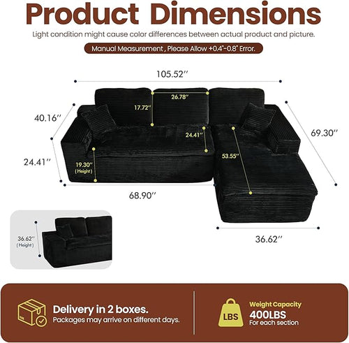 106" Oversized Couch Sofa, L Shape Couches for Living Room, No Assembly Required Corduroy Sectional Sofas with Right Facing Chaise for Home Apartment
