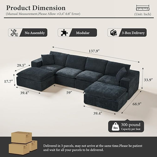 108" Sectional Couches for Living Room Boneless Couch Upholstered Cloud Couch Sectional Modular Sectional Sofa with L Shaped (Chenille-Blue, 4 Seat+2 Ottoman)