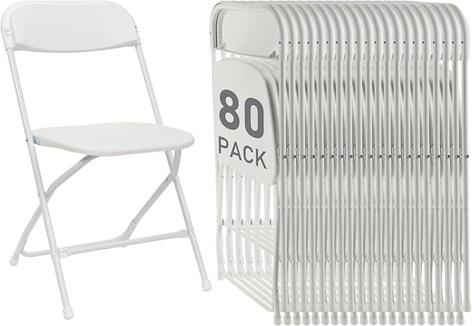 80 Pack White Plastic Folding Chairs, Portable Party Chairs, Stackable Commercial Seats with Steel Frame for Home Office Wedding Party Indoor Outdoor Events Chairs, 350lbs Capacity