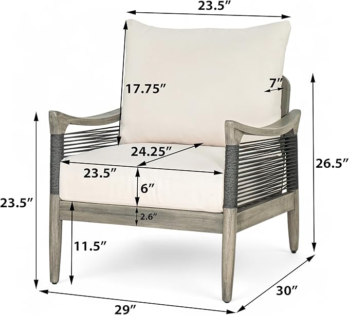 Christopher Knight Home Havets Patio Acacia Wood Club Chair with Woven Rope, Comfortable Outdoor Armchair, Water-Repellent Thick Cushion Deep Seating for Porch, Garden, Backyard, Balcony, Gray+Beige