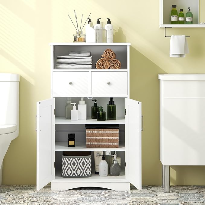 Giantex Bathroom Floor Storage Cabinet - Freestanding Storage Cabinet with 2 Doors, 2 Drawers, 2 Adjustable Shelves, Storage Organizer for Living Room, Bathroom, Kitchen, Hallway Cabinets (White)