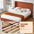 PINJU Full Size Bed Frame, Upholstered Platform Bed with Modern Vertical Striped Wingback Headboard with Wooden Slats, Easy to Assemble No Noise Free (OCHER, Full)