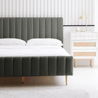 Livinia Full Size Elton Velvet Platform Bed, Upholstered Bed Frame with Vertical Channel Tufted Headboard Footboard, Strong Wood Slats, No Box Spring Needed, Gray (Full)