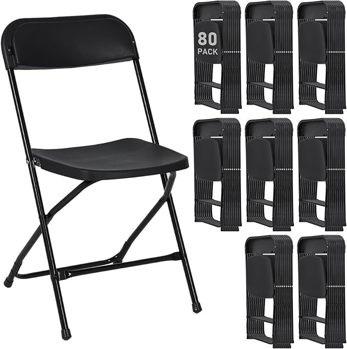 80 Pack Plastic Black Folding Chairs, Portable Stackable Commercial Party Folding Chairs with Steel Frame 350lbs for Home Office Outdoor Indoor Office Wedding Party Event