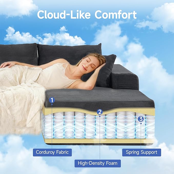 2025 New 108" Cloud Couch Sectional, Modular Sectional Sofa with L-Shaped Chaise, Deep Seat Sectional Modular Couch for Living Room, No Assembly Required (Gray, Right Facing Chaise)