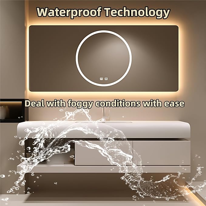 64IN Bathroom Vanity with Sink - Bathroom Cabinet Set has 2 Drawers & Overflow Hole Wall Mounted | LED Practical Defogging Mirror, Open Compartments, Seamless Rock Slab Basin (Cream White)