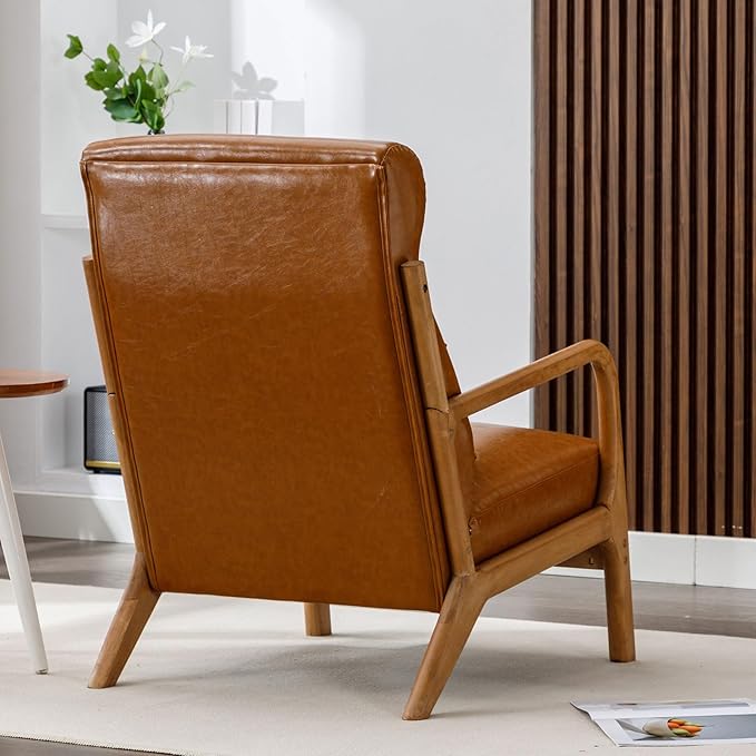 ANJHOME Mid Century Modern Accent Chair with High Back, Single Lounge Armchair with Solid Wood Frame, Comfy Reading Chair for Living Room, Easy Assembly