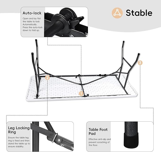 Folding Table 6FT HDPE 6 Foot Foldable Table Portable Banquet Surface Fold-in-Half Desk Utility for Working Meeting Parties, Picnic, Camping, Weddings, Catering, Garden Dining-White