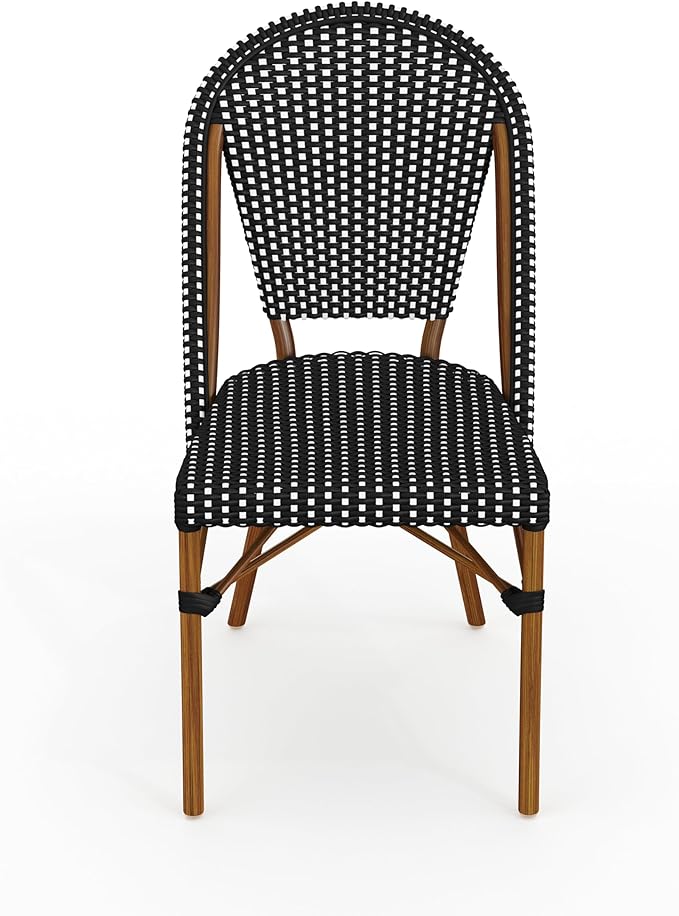 Martha Stewart Lily Pond Indoor-Outdoor Stackable Aluminum Bistro Chair with Natural Woodgrain Frame Finish and Black/White Woven Rattan Backrest and Seat
