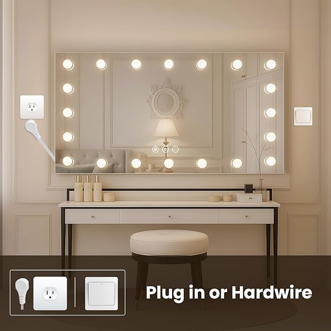 WTTY LED Bathroom Mirror with Lights 40"x28" Hollywood Wall-Mounted Mirror with 3 Color Temperatures, Stepless Dimmable Bulbs, Anti-Fog & Shatter-Proof