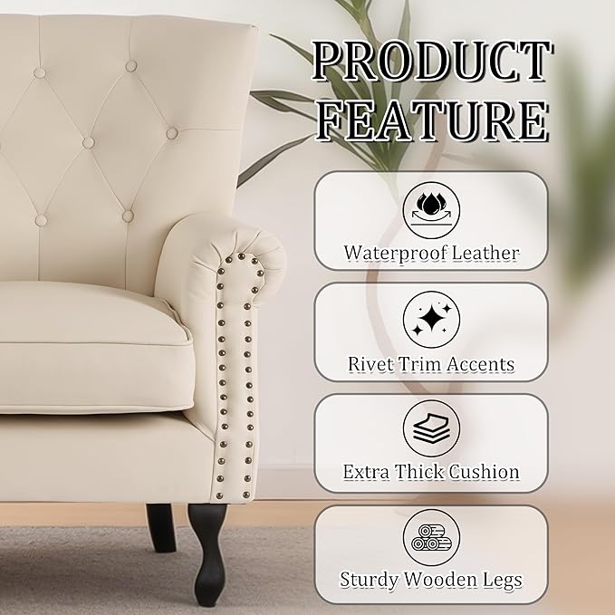 Modern Accent Chair Set of 2, Mid-Century PU Leather Armchair with Solid Wood Legs, Single Sofa Chair for Living Room, Bedroom, Leisure Room, or Reading Room(Ivory White)
