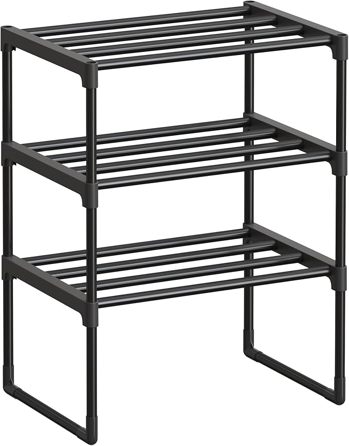SONGMICS Shoe Rack, 3-Tier Shoe Organizer, Metal Storage Shelf, Upright or Upside Down, for 4-8 Pairs, Stackable, for Entryway, 11.8 x 16.7 x 21.5 Inches, Black ULSA003B01