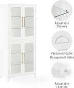 Crosley Furniture Roarke Glass Door Kitchen Pantry Storage Cabinet with Doors and Shelves, Living Room, White