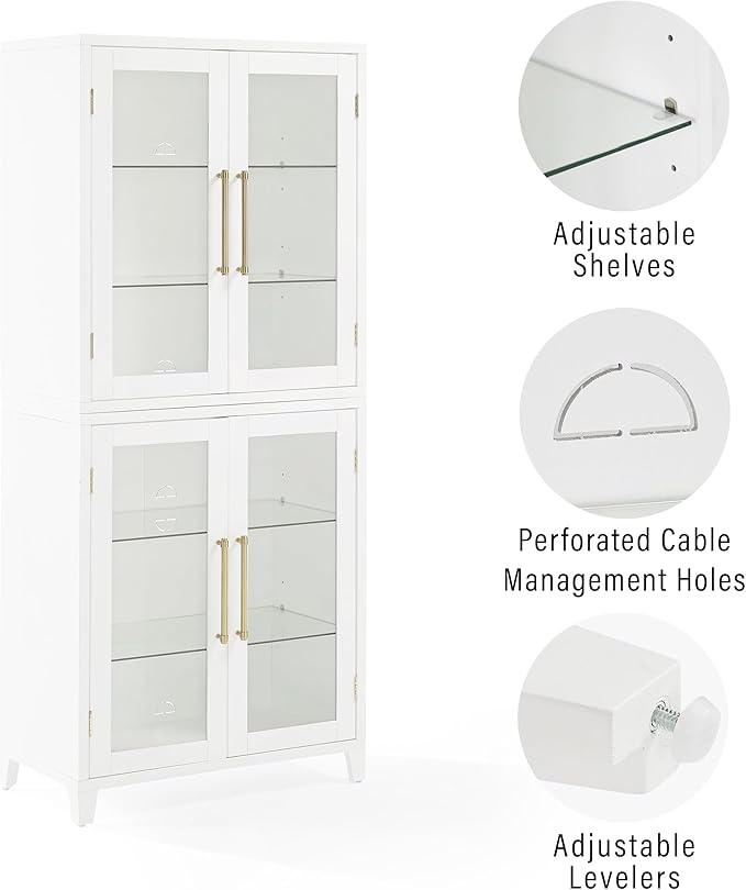 Crosley Furniture Roarke Glass Door Kitchen Pantry Storage Cabinet with Doors and Shelves, Living Room, White