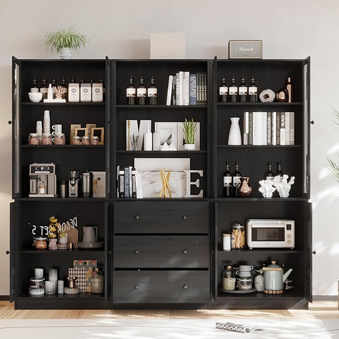VOWNER Vertical File Cabinet, 3-Tier Modern Bookshelf with 3 Large Drawer, Wood Filing Cabinet with Open Storage Shelf, Glass Doors and Fixed Storage Shelves for Home Office, Black