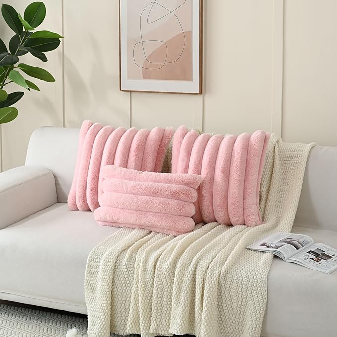 FUTEI Pink Decorative Throw Pillow Covers 12x20 Inch Set of 2, Square Soft Faux Rabbit Fur Thick Striped Lumbar Pillow Case,Winter Home Decor for Couch Bed Living Room