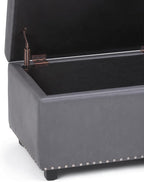 SIMPLIHOME Hamilton 48 inch Wide Transitional Rectangle Storage Ottoman in Stone Grey Vegan Faux Leather, Assembled, For the Living Room, Entryway and Family Room