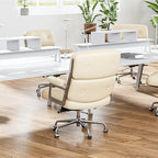 Genuine Leather Office Chair, Mid Back Executive Desk Chairs with Aluminum Arms and Wheels, Swivel Office Leather Chair with Thickened Backrest and Ergonomic Lumbar Support, White