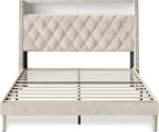 WLIVE Queen Size Upholstered Bed Frame with Storage Headboard, Velvet Square Tufted Platform Bed with Charging Station, Sturdy Metal & Wooden Slats Support, No Box Spring Needed, Beige