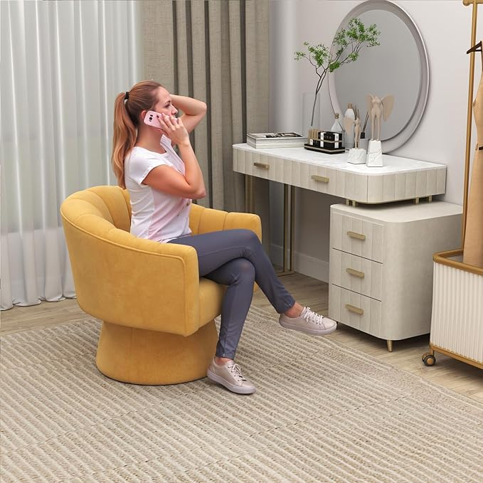 Swivel Accent Chair,Upholstered Velvet 360° Swivel Barrel Chair for Living Room Overstuffed Bouncle Reading Chair Round Armchair for Bedroom,Vanity,Office(Mustard)
