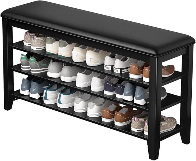 Shoe Rack Bench Entryway Storage with Leather Cushion, Shoe Organizer Bench for Entryway, Ideal for Front Doors Entrances Hallway Mudroom Featuring Rubberwood And 3 Height-Adjustable Removable Shelve