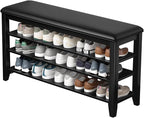 Shoe Rack Bench Entryway Storage with Leather Cushion, Shoe Organizer Bench for Entryway, Ideal for Front Doors Entrances Hallway Mudroom Featuring Rubberwood And 3 Height-Adjustable Removable Shelve