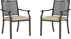 PHI VILLA Outdoor Metal Dining Chairs Set of 2, Black Wrought Iron Stackable Chairs with Cushions, Heavy-Duty Seating Furniture for Patio, Deck, Yard, Porch