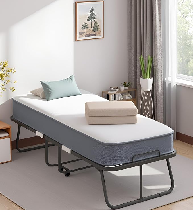 Mjkone Folding Bed with Mattress for Adults, Rollaway Bed with 5 Inch Memory Foam, Space Saving Portable Bed with Lockable Wheel, Sturdy Fold Up Frame and Memory Foam for Bedroom/Guest (75" x 51")