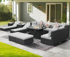 NICESOUL 13 Piece Backyard Furniture Set with Firepit Table, Wicker Woven Gray Patio Couch Set with Chaise Lounge for 10-People Seating, Modular Comfy 29.3" Highback Sectional Sofas for Outside Patio