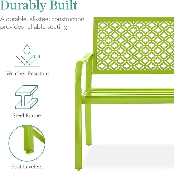 Best Choice Products Outdoor Bench 2-Person Metal Steel Benches Furniture for Garden, Patio, Porch, Entryway w/Geometric Backrest, 790lb Capacity - Lime Green