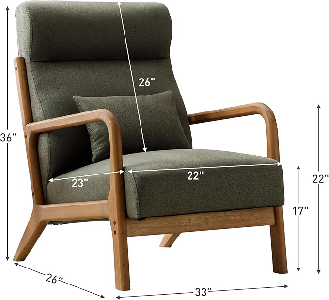 ANJHOME Mid Century Modern Accent Chair with High Back, Single Lounge Armchair with Solid Wood Frame, Comfy Reading Chair for Living Room, Easy Assembly