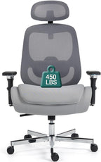 450 LBS Big and Tall Office Chair, Heavy Duty Executive Chair w/4D Arms, Ergonomic Computer Home Desk Chair, Swivel Mesh Chair w/2D Lumbar Support, Adjustable Headrest, Tilt Lock-Grey