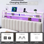 VINGLI Full Size Headboard Only, Adjustable Upholstered Headboard with 3 Tier Shelves and Pegboard with Charging Stations and LED Lights, Modern Bed Headboard with Storage for Bedroom Decor