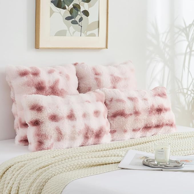 FUTEI Pink White Decorative Throw Pillow Covers 12x20 Inch Set of 2,Soft Fuzzy Faux Rabbit Fur Pillow Case with Raised Texture,Neutral Boho Home Decor for Couch Bed Living Room