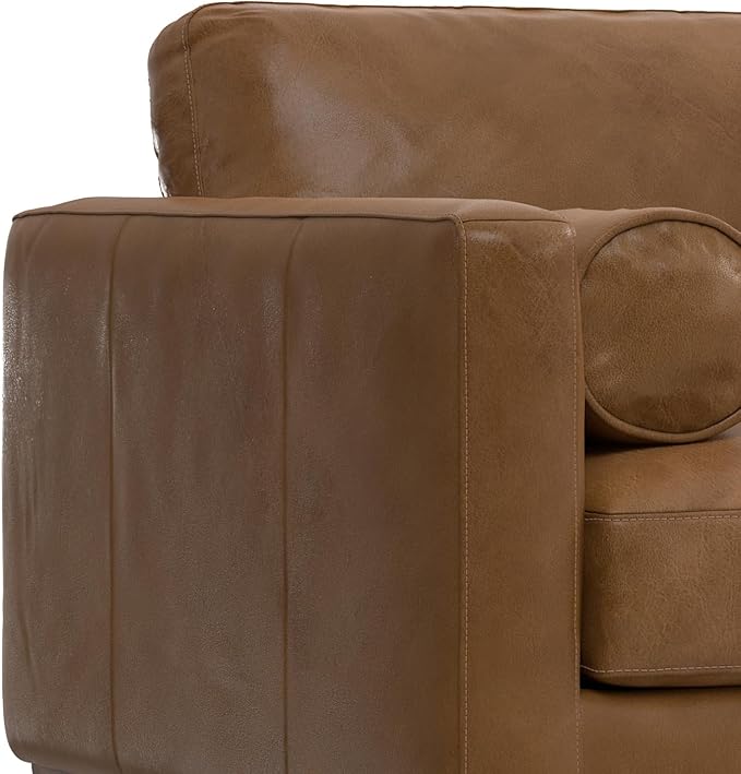 SIMPLIHOME Morrison Accent Chair - 43 inch Wide Upholstered Top Grain Genuine Leather Mid-Century Modern Arm Chair with Solid Wood Frame in Caramel Brown, for Living Room with 2 Bolster Pillows
