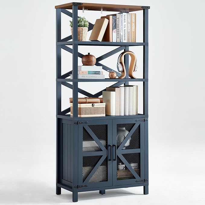5 Tier Bookshelf 70" Tall Bookcase with Barn Doors,Large Farmhouse Display Book Shelf with Adjustable Shelves and Storage Cabinet，Library Wood Bookshelves for Living Room,Kitchen,Navy Blue