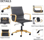 COROCC Office Desk Chair Modern Conference Room Task Chairs Leather Computer Swivel Excutive Ribbed Ergonomic Rolling Comfortable Chair for Home Office Black and Gold Chair