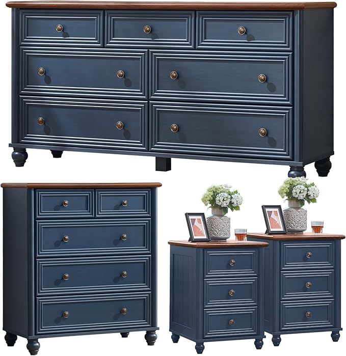 Farmhouse Dresser and Nightstand Sets 4 Piece, Wooden 7 Drawer Dresser & 35" Tall Chest of Drawers, 18" Roman Column Nightstand Set of 2, Bedroom Furniture Dressers Sets for Home Living Room