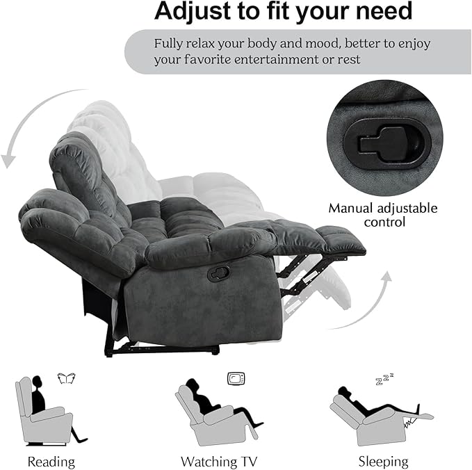 CANMOV Manual Loveseat Recliner, 2 Seat Recliner Sofa Chair with Armrest and Overstuffed Backrest, Couch Set for Living Room, Bedroom, Office, Grey