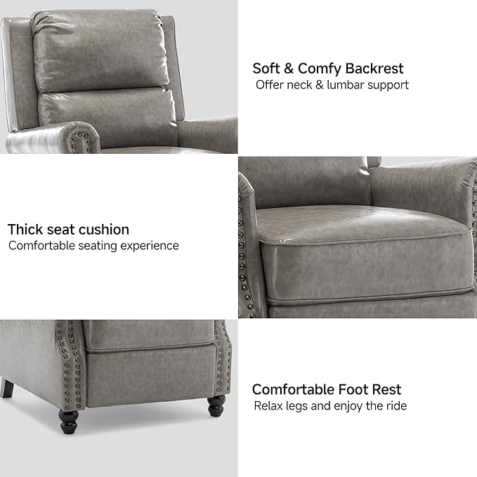 Lumibee Recliner Chair, Wingback Recliner Chair for Living Room, Modern Upholstered Faux Leather Pushback Armchair with Adjustable Backrest & Footrest for Small Spaces,Bedroom-Gray