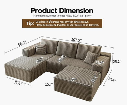 107.5" Cloud Sectional Couch with 1 Ottoman,Modern Modular Sofa with Deep Seat, Comfort U Shaped Sofa Couches for Living Room Bedroom Apartments,No Assembly Required, (Camel,Left Facing Chaise)