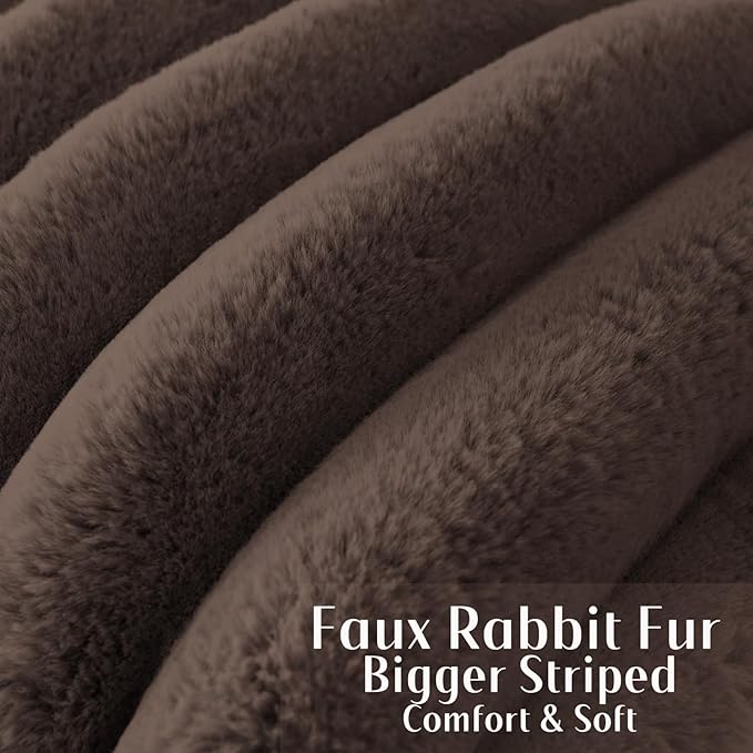 FUTEI Dark Coffee Decorative Throw Pillow Covers 16x16 Inch Set of 2, Square Soft Faux Rabbit Fur Big Striped Cushion Cover,Home Decor for Couch Sofa Bed Living Room
