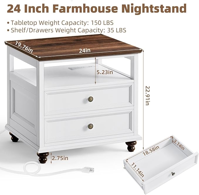 Farmhouse Dresser and Nightstand Sets, Wood 54" Wide Dresser & 24" Night Stand with Charging Station, 2 Piece Bedroom Furniture Set, Chest of Drawers for Bedroom, Home, Living Room, Hallway